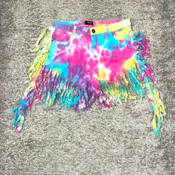 Rainbow Neon Tie Die Fringe Shorts Sz XL - Picture 4 of 10